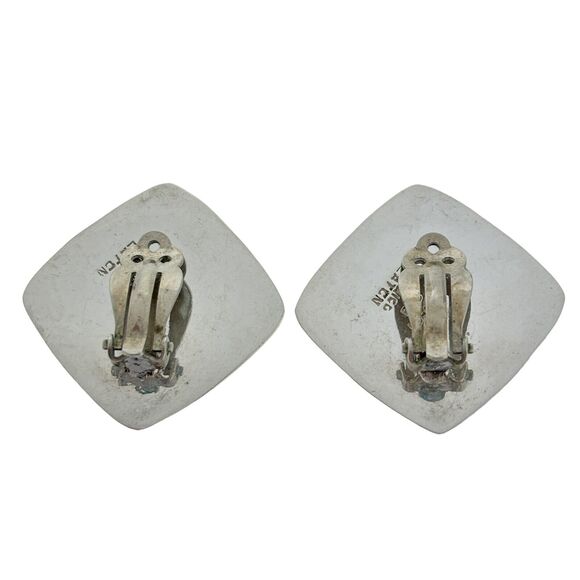 Brass Frame Rhombus Clip On Earrings | Vintage Mexico Laton Sterling Silver 925 - Picture 5 of 7